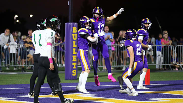 Williamsville celebrates after a touchdown catch against Athens during a Sangamo Conference football game at Paul Jenkins Field on Friday, Oct. 3, 2025.