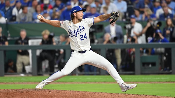 Oct 9, 2024; Kansas City, Missouri, USA; Kansas City Royals pitcher Michael Lorenzen (24) pitches in the ninth inning against the New York Yankees during game three of the NLDS for the 2024 MLB Playoffs at Kauffman Stadium. Oct 9, 2024; Kansas City, Missouri, USA; Kansas City Royals pitcher Michael Lorenzen (24) pitches in the ninth inning against the New York Yankees during game three of the NLDS for the 2024 MLB Playoffs at Kauffman Stadium.