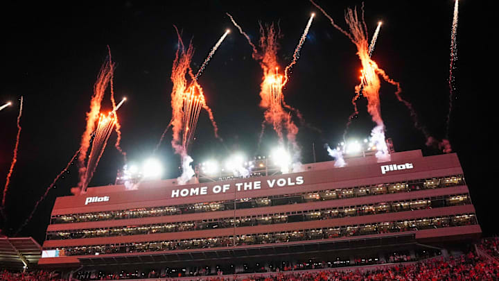 Fireworks go off after a college football game between Tennessee and Arkansas at Neyland Stadium in Knoxville, Tenn., on Oct. 11, 2025.