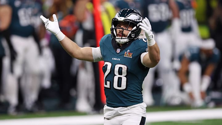 Philadelphia Eagles running back Will Shipley (28) reacts after a play against the Kansas City Chiefs during the first half of Super Bowl LIX at Caesars Superdome. Philadelphia Eagles running back Will Shipley (28) reacts after a play against the Kansas City Chiefs during the first half of Super Bowl LIX at Caesars Superdome.