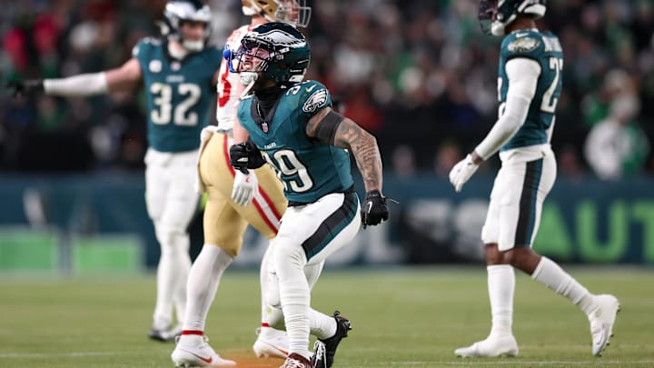 Jan 11, 2026; Philadelphia, PA, USA; Philadelphia Eagles safety Marcus Epps (39) reacts after a play against the San Francisco 49ers during the third quarter in an NFC Wild Card Round game at Lincoln Financial Field. Mandatory Credit: Bill Streicher-Imagn Images