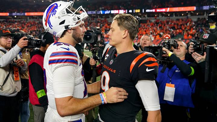 Buffalo Bills quarterback Josh Allen (17) and Cincinnati Bengals quarterback Joe Burrow (9) shake hands at the conclusion of a Week 9 NFL football game between the Buffalo Bills and the Cincinnati Bengals, Monday, Nov. 6, 2023, at Paycor Stadium in Cincinnati.