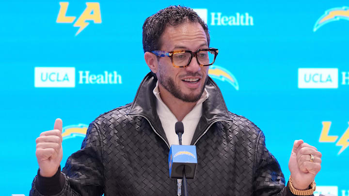 January 27, 2026; El Segundo, California, USA; Los Angeles Chargers offensive coordinator Mike McDaniel speaks at introductory press conference at The Bolt. Mandatory Credit: Kirby Lee-Imagn Images