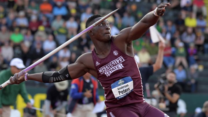 Anderson Peters of Mississippi State wins the javelin in a meet record 271-9 (82.82m) during the NCAA Track and Field championships at Hayward Field. Anderson Peters of Mississippi State wins the javelin in a meet record 271-9 (82.82m) during the NCAA Track and Field championships at Hayward Field.