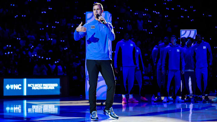 Oct 3, 2025; Durham, NC, USA; Duke Blue Devils head coach Jon Scheyer addresses the crowd at the Countdown to Craziness at the Cameron Indoor Stadium.