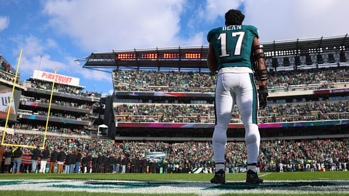 Dec 14, 2025; Philadelphia, Pennsylvania, USA; Philadelphia Eagles linebacker Nakobe Dean (17) stands during the National Anthem before the game against the Las Vegas Raiders at Lincoln Financial Field. Mandatory Credit: Bill Streicher-Imagn Images
