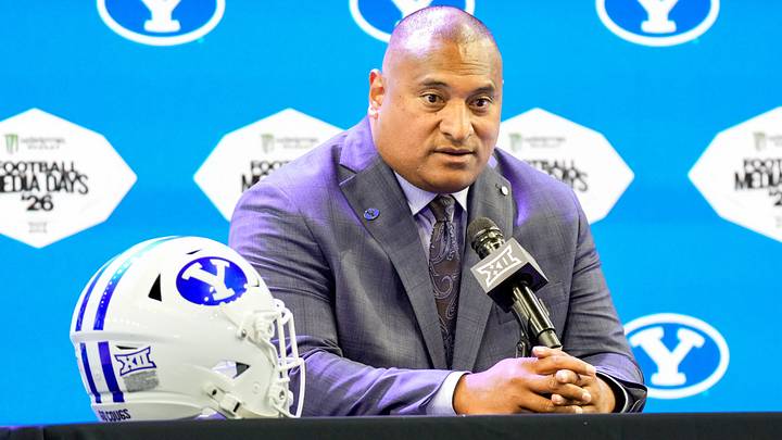 Jul 7, 2026; Frisco, TX, USA; BYU head coach Kalani Sitake speaks with reporters during Big 12 Conference Football Media Days at The Star. Mandatory Credit: Raymond Carlin III-Imagn Images Jul 7, 2026; Frisco, TX, USA; BYU head coach Kalani Sitake speaks with reporters during Big 12 Conference Football Media Days at The Star. Mandatory Credit: Raymond Carlin III-Imagn Images
