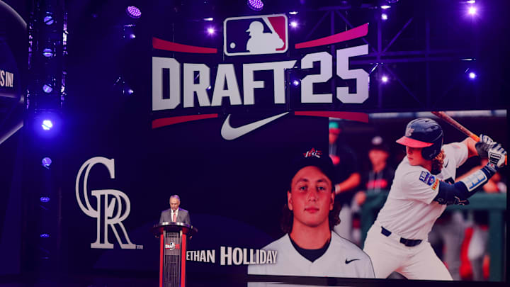 Jul 13, 2025; Atlanta, GA, USA; Ethan Holliday is drafted by the Colorado Rockies with the fourth pick during the first round of the MLB Draft at The Coca-Cola Roxy. Mandatory Credit: Brett Davis-Imagn Images
