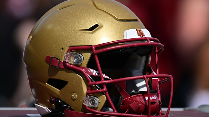 Sep 28, 2024; Chestnut Hill, Massachusetts, USA; A Boston College Eagles helmet sits on an equipment case before the first half against the Western Kentucky Hilltoppers at Alumni Stadium. Mandatory Credit: Eric Canha-Imagn Images Sep 28, 2024; Chestnut Hill, Massachusetts, USA; A Boston College Eagles helmet sits on an equipment case before the first half against the Western Kentucky Hilltoppers at Alumni Stadium. Mandatory Credit: Eric Canha-Imagn Images