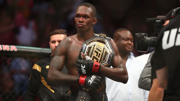 Jun 12, 2021; Glendale, Arizona, USA; Israel Adesanya reacts following his victory against Marvin