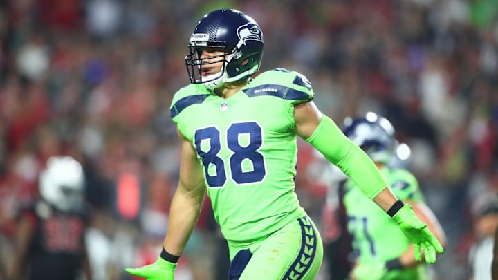 Nov 9, 2017; Glendale, AZ, USA; Seattle Seahawks tight end Jimmy Graham (88) celebrates after catching a touchdown against the Arizona Cardinals in the second half at University of Phoenix Stadium. Mandatory Credit: Mark J. Rebilas-Imagn Images