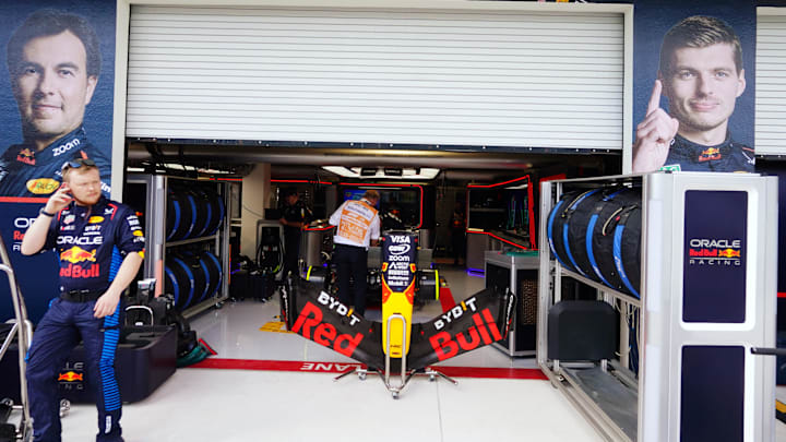 May 4, 2024; Miami Gardens, Florida, USA; Red Bull Racing driver Max Verstappen (1) car sits in the paddock before the F1 Sprint Race at Miami International Autodrome. Mandatory Credit: John David Mercer-Imagn Images