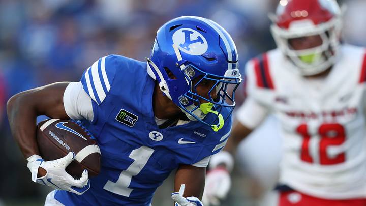 Sep 5, 2026; Provo, Utah, USA;  BYU Cougars wide receiver Legend Glasker (1) runs after a catch against the Utah Tech Trailblazers during the second quarter at LaVell Edwards Stadium.  Mandatory Credit: Rob Gray-Imagn Images