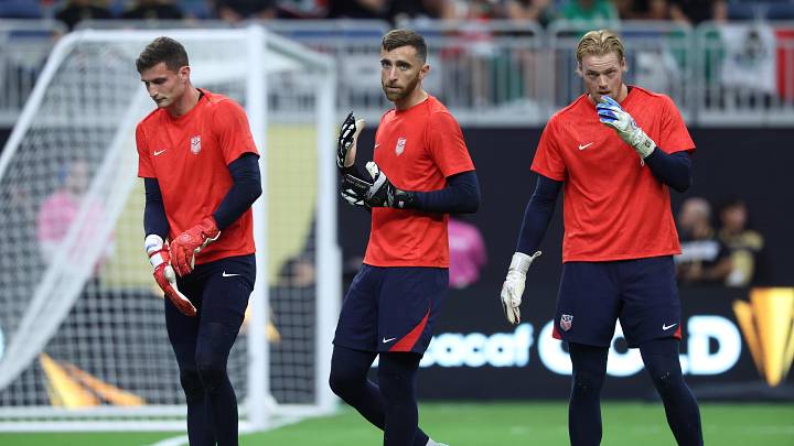 Jul 6, 2025; Houston, Texas, USA; United States goalkeeper Matthew Freese (25), United States goalkeeper Matt Turner (1), and United States goalkeeper Chris Brady (26) look on during warm ups prior to the match against Mexico during the 2025 Gold Cup Final at NRG Stadium. Mandatory Credit: Troy Taormina-Imagn Images