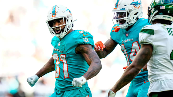 Jan 8, 2023; Miami Gardens, Florida, USA; Miami Dolphins running back Raheem Mostert (31) celebrates