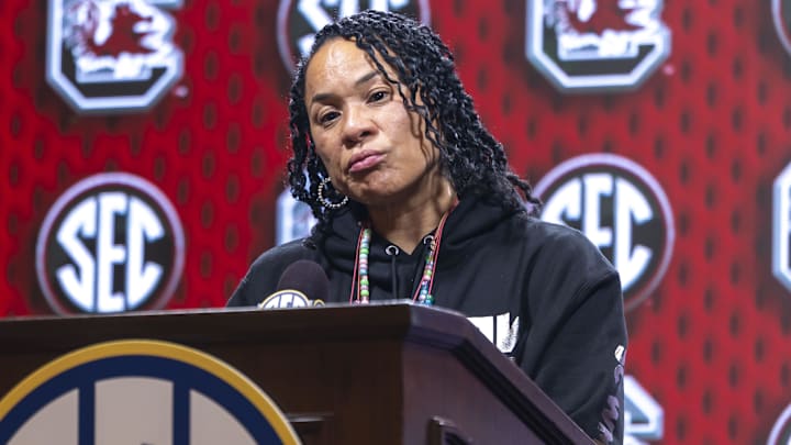 Oct 14, 2025; Birmingham, AL, USA; South Carolina Gamecocks head coach Dawn Staley talks with the media during SEC Media Days at Grand Bohemian Hotel. Mandatory Credit: Vasha Hunt-Imagn Images