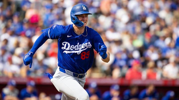 Feb 24, 2024; Tempe, Arizona, USA; Los Angeles Dodgers infielder Trey Sweeney against the Los Angeles Angels during a spring training game at Tempe Diablo Stadium. Mandatory Credit: Mark J. Rebilas-USA TODAY Sports