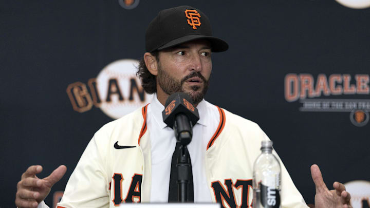 Tony Vitello answers questions from the media as he is introduced as the new manager of the San Francisco Giants at Oracle Park. 