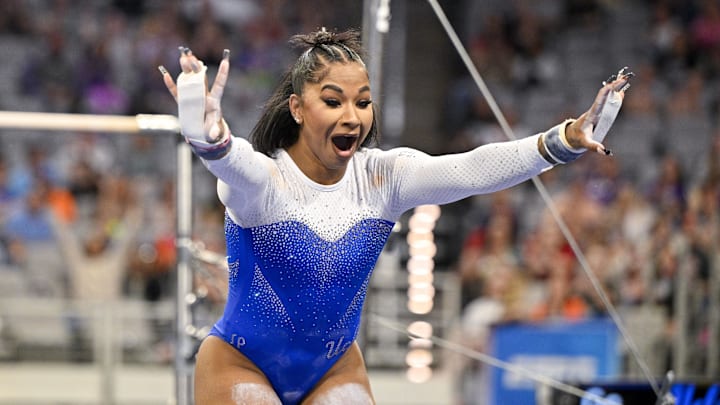Jordan Chiles is set to take the floor for the evening session of the 2026 NCAA gymnastics championships. Jordan Chiles is set to take the floor for the evening session of the 2026 NCAA gymnastics championships.