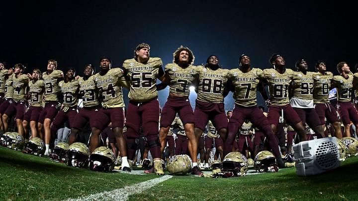 Oct 3, 2026; College Station, Texas, USA; Texas A&M Aggies safety Marcus Ratcliffe (3) and teammates celebrate the win against the Arkansas Razorbacks at Kyle Field. Mandatory Credit: Maria Lysaker-Imagn Images