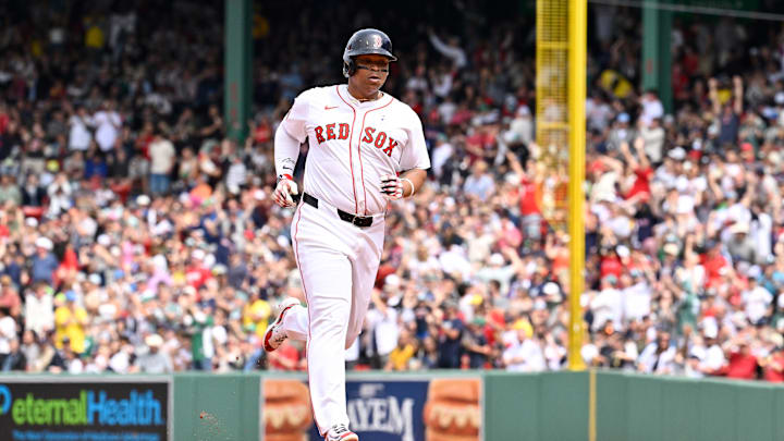 Jun 15, 2025; Boston, Massachusetts, USA; Boston Red Sox designated hitter Rafael Devers (11) runs the bases after hitting a one run home run against the New York Yankees during the fifth inning at Fenway Park. Mandatory Credit: Eric Canha-Imagn Images