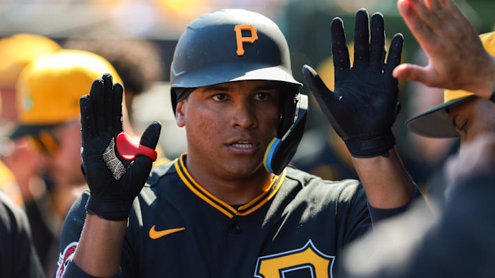 Mar 1, 2026; Jupiter, Florida, USA; Pittsburgh Pirates left fielder Jhostynxon Garcia (34) celebrates after hitting a home run against the St. Louis Cardinals during the fourth inning at Roger Dean Chevrolet Stadium. Mandatory Credit: Sam Navarro-Imagn Images