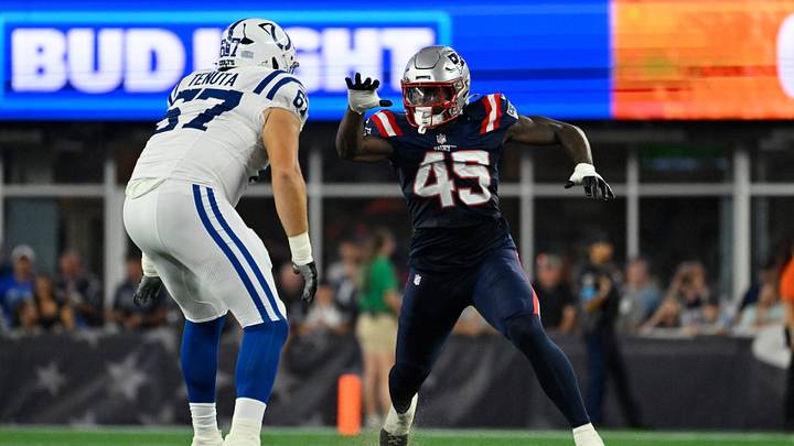 Aug 13, 2026; Foxborough, Massachusetts, USA; New England Patriots linebacker
Quintayvious Hutchins (45) runs against Indianapolis Colts offensive tackle Luke Tenuta (67) during the first half at Gillette Stadium. Mandatory Credit: Eric Canha-Imagn Images Aug 13, 2026; Foxborough, Massachusetts, USA; New England Patriots linebacker
Quintayvious Hutchins (45) runs against Indianapolis Colts offensive tackle Luke Tenuta (67) during the first half at Gillette Stadium. Mandatory Credit: Eric Canha-Imagn Images