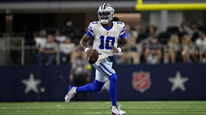 Dallas Cowboys quarterback Joe Milton III runs with the ball during the second half against the Baltimore Ravens. Dallas Cowboys quarterback Joe Milton III runs with the ball during the second half against the Baltimore Ravens.