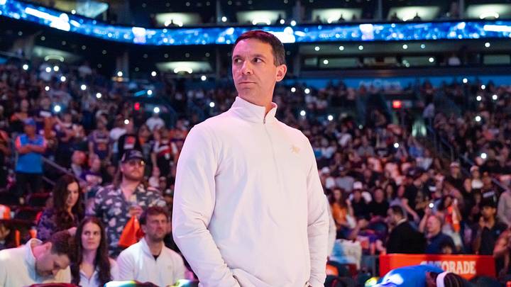 Apr 27, 2026; Phoenix, Arizona, USA; Oklahoma City Thunder head coach Mark Daigneault against the Phoenix Suns during game four of the first round of the 2026 NBA Playoffs at Mortgage Matchup Center. Mandatory Credit: Mark J. Rebilas-Imagn Images