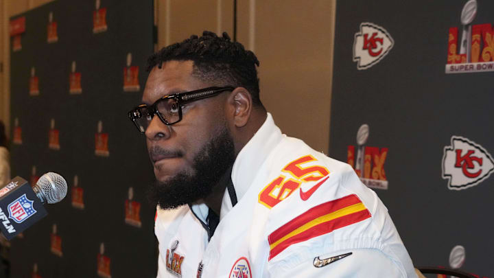 Feb 5, 2025; New Orleans, LA, USA; Kansas City Chiefs guard Trey Smith (65) in a press conference ahead of Super Bowl LIX at New Orleans Marriott. Mandatory Credit: Kirby Lee-Imagn Images Feb 5, 2025; New Orleans, LA, USA; Kansas City Chiefs guard Trey Smith (65) in a press conference ahead of Super Bowl LIX at New Orleans Marriott. Mandatory Credit: Kirby Lee-Imagn Images