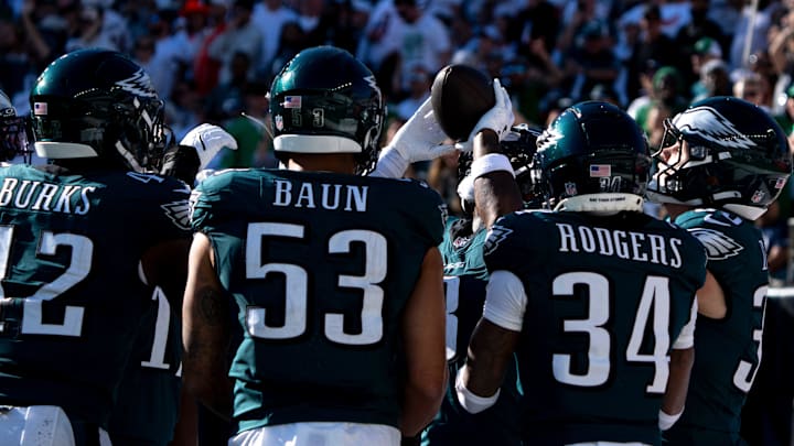 Philadelphia Eagles safety C.J. Gardner-Johnson (8) reacts to intercepting a pass with other members of the Philadelphia Eagles defense in the fourth quarter of the NFL game against the Cincinnati Bengals at Paycor Stadium in Cincinnati on Sunday, Oct. 27, 2024. Philadelphia Eagles safety C.J. Gardner-Johnson (8) reacts to intercepting a pass with other members of the Philadelphia Eagles defense in the fourth quarter of the NFL game against the Cincinnati Bengals at Paycor Stadium in Cincinnati on Sunday, Oct. 27, 2024.