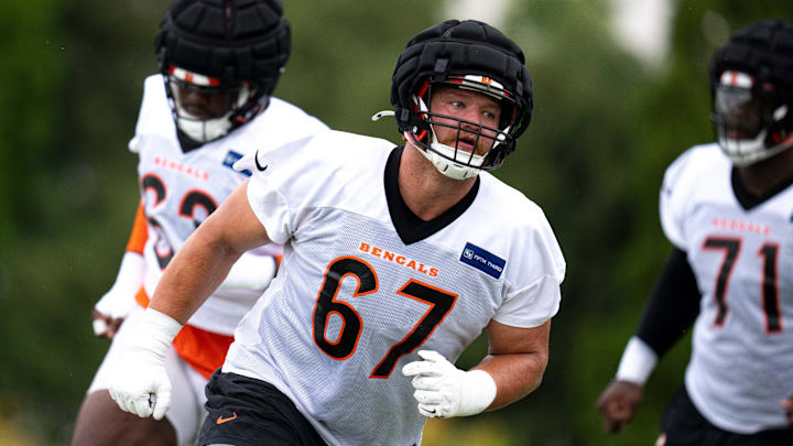Cincinnati Bengals guard Cordell Volson (67) runs drills at Cincinnati Bengals training camp on the Kettering Health Practice Fields in Cincinnati on Sunday, July 28, 2024. Cincinnati Bengals guard Cordell Volson (67) runs drills at Cincinnati Bengals training camp on the Kettering Health Practice Fields in Cincinnati on Sunday, July 28, 2024.