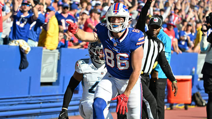 Buffalo Bills TE Dalton Kincaid signals a first down after making a catch against the Tennessee Titans. Buffalo Bills TE Dalton Kincaid signals a first down after making a catch against the Tennessee Titans.