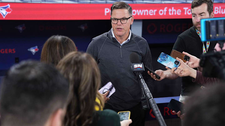 May 18, 2024; Toronto, Ontario, CAN; Toronto Blue Jays general manager Ross Atkins addresses the media before a game against the Tampa Bay Rays at Rogers Centre. Mandatory Credit: Nick Turchiaro-Imagn Images
