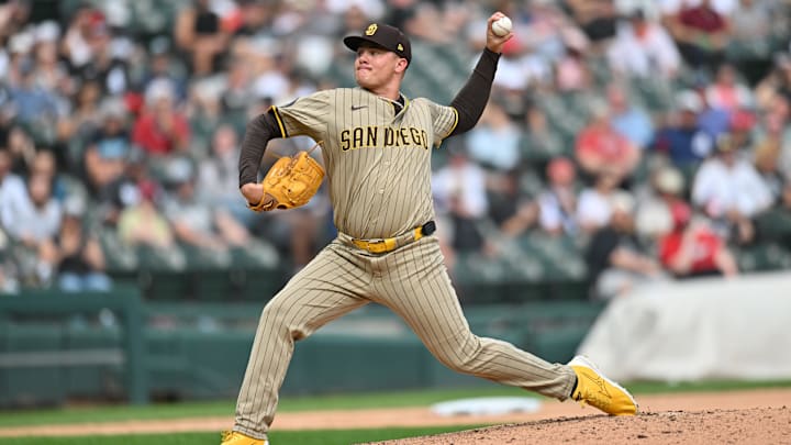 Sep 21, 2025; Chicago, Illinois, USA; San Diego Padres pitcher Adrian Morejon (50) pitches against the Chicago White Sox during the sixth inning at Rate Field. Mandatory Credit: Patrick Gorski-Imagn Images Sep 21, 2025; Chicago, Illinois, USA; San Diego Padres pitcher Adrian Morejon (50) pitches against the Chicago White Sox during the sixth inning at Rate Field. Mandatory Credit: Patrick Gorski-Imagn Images