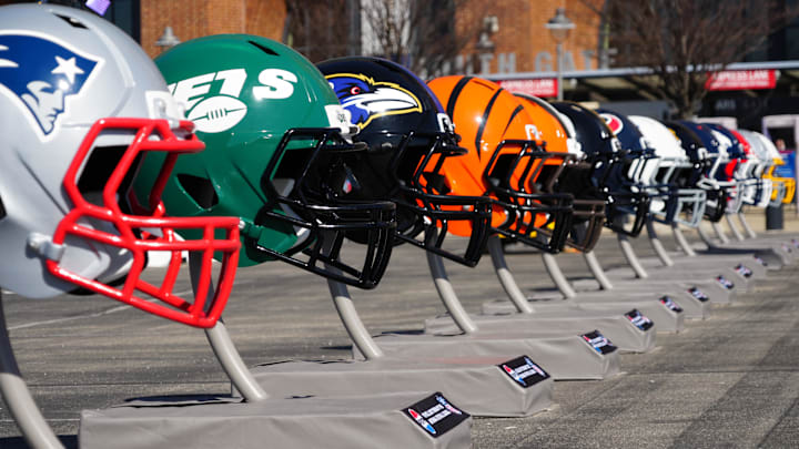 Feb 28, 2024; Indianapolis, IN, USA; A general view of large helmets of the New York Jets, Baltimore Ravens and Cincinnati Bengals at the NFL Scouting Combine Experience at Lucas Oil Stadium. Mandatory Credit: Kirby Lee-Imagn Images Feb 28, 2024; Indianapolis, IN, USA; A general view of large helmets of the New York Jets, Baltimore Ravens and Cincinnati Bengals at the NFL Scouting Combine Experience at Lucas Oil Stadium. Mandatory Credit: Kirby Lee-Imagn Images
