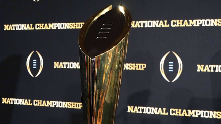 Jan 21, 2025; Atlanta, GA, USA; The College Football Playoff National Championship trophy at press conference at The Westin Peachtree Plaza, Savannah Ballroom. Mandatory Credit: Kirby Lee-Imagn Images Jan 21, 2025; Atlanta, GA, USA; The College Football Playoff National Championship trophy at press conference at The Westin Peachtree Plaza, Savannah Ballroom. Mandatory Credit: Kirby Lee-Imagn Images