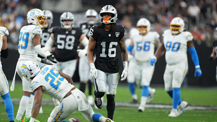 Jan 5, 2025; Paradise, Nevada, USA; Las Vegas Raiders wide receiver Jakobi Meyers (16) celebrates after a first down against the Los Angeles Chargers in the first half at Allegiant Stadium. Mandatory Credit: Kirby Lee-Imagn Images