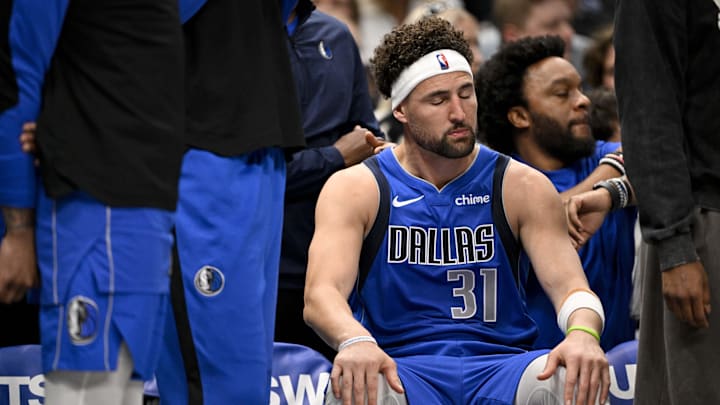 Mar 31, 2025; Dallas, Texas, USA; Dallas Mavericks guard Klay Thompson (31) during the game between the Dallas Mavericks and the Brooklyn Nets at the American Airlines Center. Mandatory Credit: Jerome Miron-Imagn Images