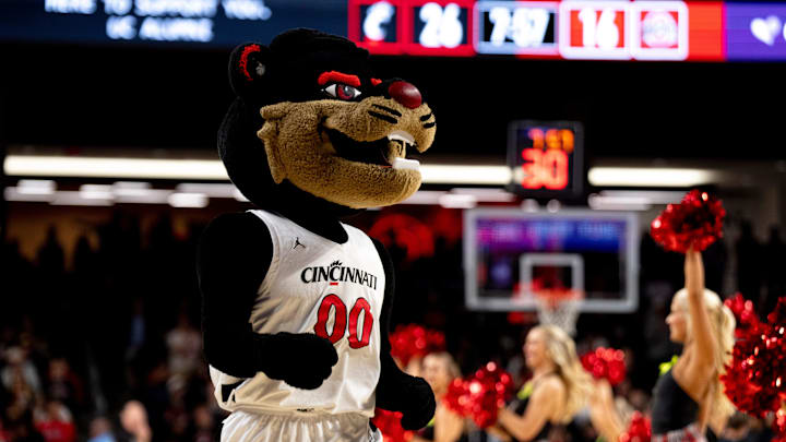 Cincinnati Bearcats mascot walks on the court during a timeout in the first half of a basketball scrimmage between Cincinnati Bearcats and Ohio State Buckeyes at Fifth Third Arena in Cincinnati on Friday, Oct. 18, 2024. Cincinnati Bearcats mascot walks on the court during a timeout in the first half of a basketball scrimmage between Cincinnati Bearcats and Ohio State Buckeyes at Fifth Third Arena in Cincinnati on Friday, Oct. 18, 2024.