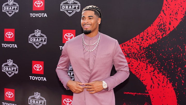 Apr 23, 2026; Pittsburgh, PA, USA; LSU Tigers defensive back Mansoor Delane poses on the red carpet before the 2026 NFL Draft at Point State Park. Mandatory Credit: Kirby Lee-Imagn Images