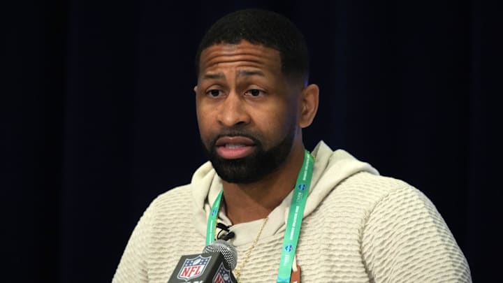 Feb 27, 2024; Indianapolis, IN, USA Cleveland Browns general manager Andrew Berry speaks during a press conference at the NFL Scouting Combine at Indiana Convention Center. Mandatory Credit: Kirby Lee-Imagn Images
