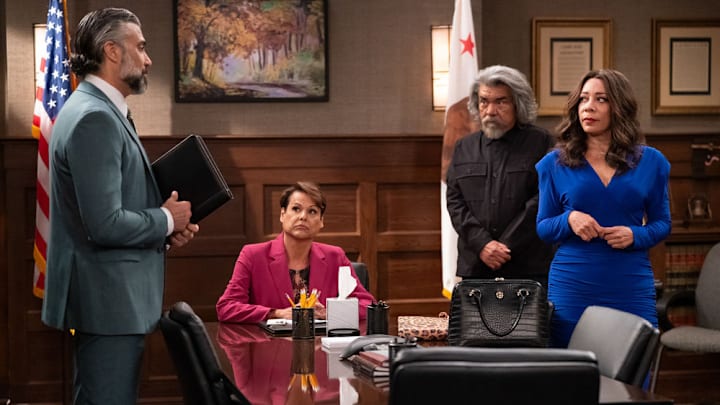 LOPEZ VS LOPEZ -- "Lopez vs Josué" Episode 307 -- Pictured: (l-r) Jaime Camil as Josué, Alexandra Billings as Paula, George Lopez as George, Selenis Leyva as Rosie