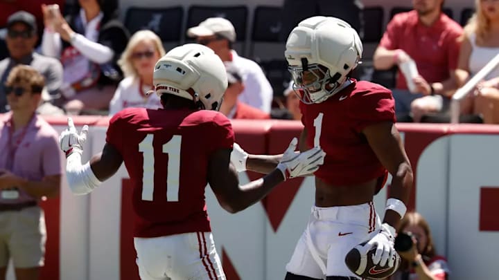 Alabama Wide Receiver Rico Scott (11) Alabama Wide Receiver Isaiah Horton (1) celebrates a catch during A-Day at Bryant-Denny Stadium in Tuscaloosa, AL on Saturday, Apr 12, 2025. Alabama Wide Receiver Rico Scott (11) Alabama Wide Receiver Isaiah Horton (1) celebrates a catch during A-Day at Bryant-Denny Stadium in Tuscaloosa, AL on Saturday, Apr 12, 2025.