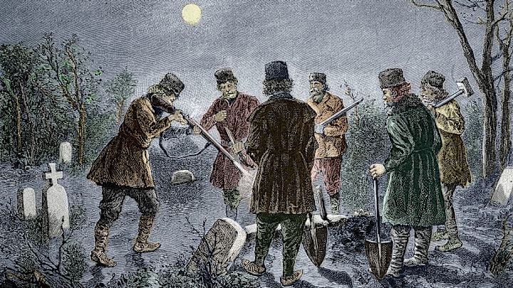 Men prevent a vampire rising from its grave in a Romanian cemetery in this 19th-century illustration.