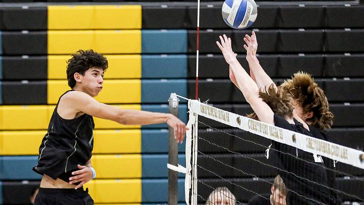 Christopher's Diego Rodriguez (left) follows-through on one of his 53 kills in the Cougars come-from-behind playoff win over Serra. Christopher's Diego Rodriguez (left) follows-through on one of his 53 kills in the Cougars come-from-behind playoff win over Serra.