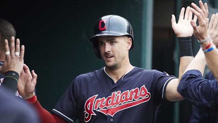 Jun 10, 2018; Detroit, MI, USA; Cleveland Indians right fielder Lonnie Chisenhall (8) is congratulated by teammates after scoring in the eighth inning against the Detroit Tigers at Comerica Park. Mandatory Credit: Rick Osentoski-Imagn Images Jun 10, 2018; Detroit, MI, USA; Cleveland Indians right fielder Lonnie Chisenhall (8) is congratulated by teammates after scoring in the eighth inning against the Detroit Tigers at Comerica Park. Mandatory Credit: Rick Osentoski-Imagn Images
