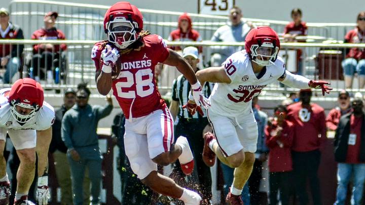 Oklahoma running back DeZephen Walker bursts into the open field in the 2026 Spring Game. Oklahoma running back DeZephen Walker bursts into the open field in the 2026 Spring Game.