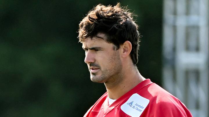 Indianapolis Colts quarterback Daniel Jones gives a thumbs up during day one of training camp 