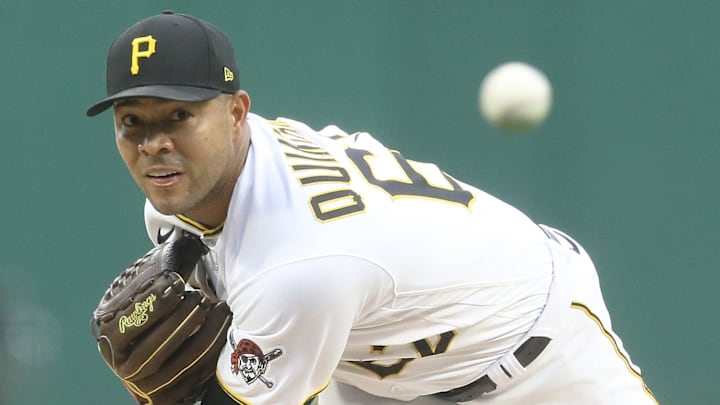 Jul 23, 2022; Pittsburgh, Pennsylvania, USA; Pittsburgh Pirates starting pitcher Jose Quintana (62) throws a warm-up pitch against the Miami Marlins during the first inning at PNC Park. Mandatory Credit: Charles LeClaire-Imagn Images